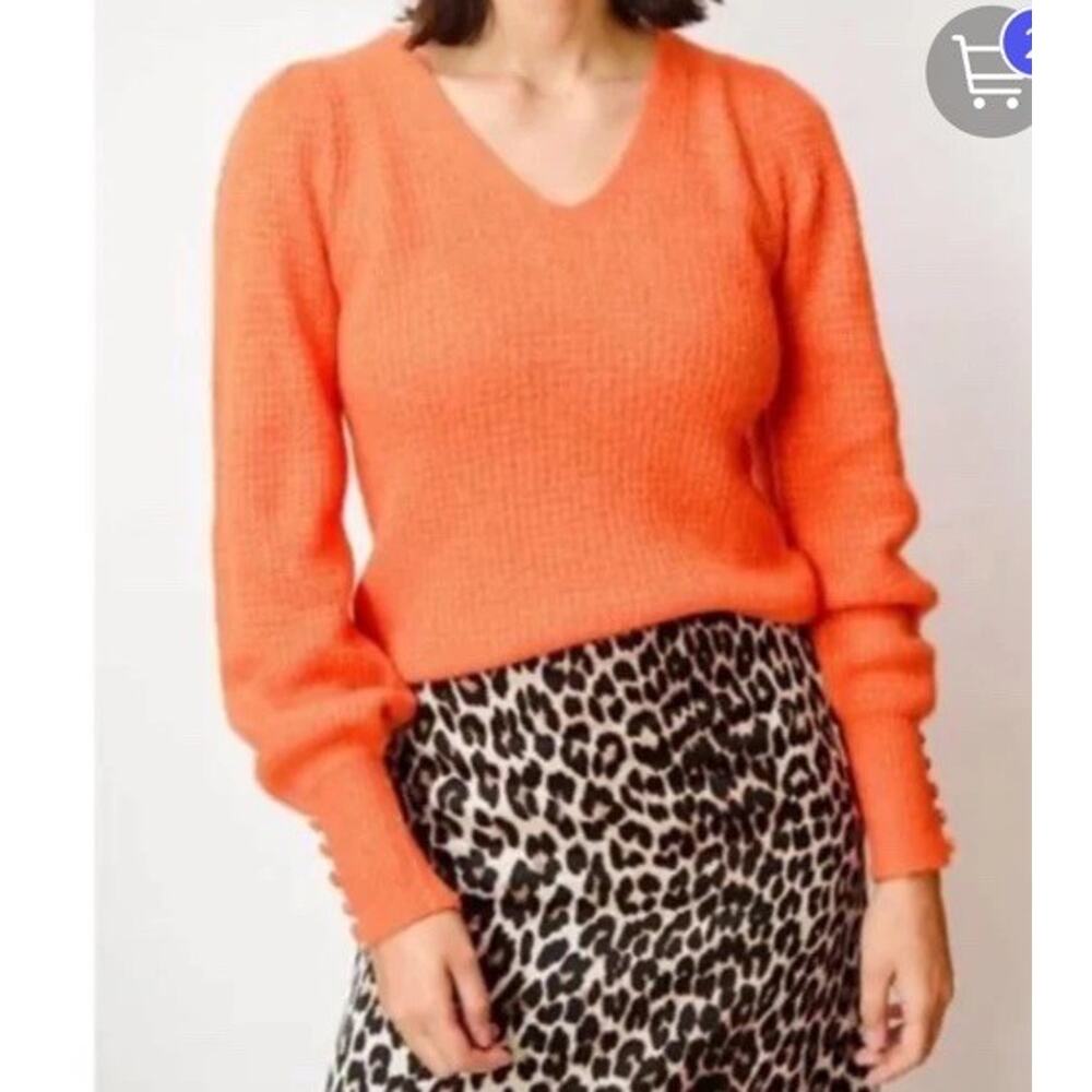 Suncoo Paris Pullover Sweater Women’s XS Alpaca Blend Puff Sleeve Soft Orange